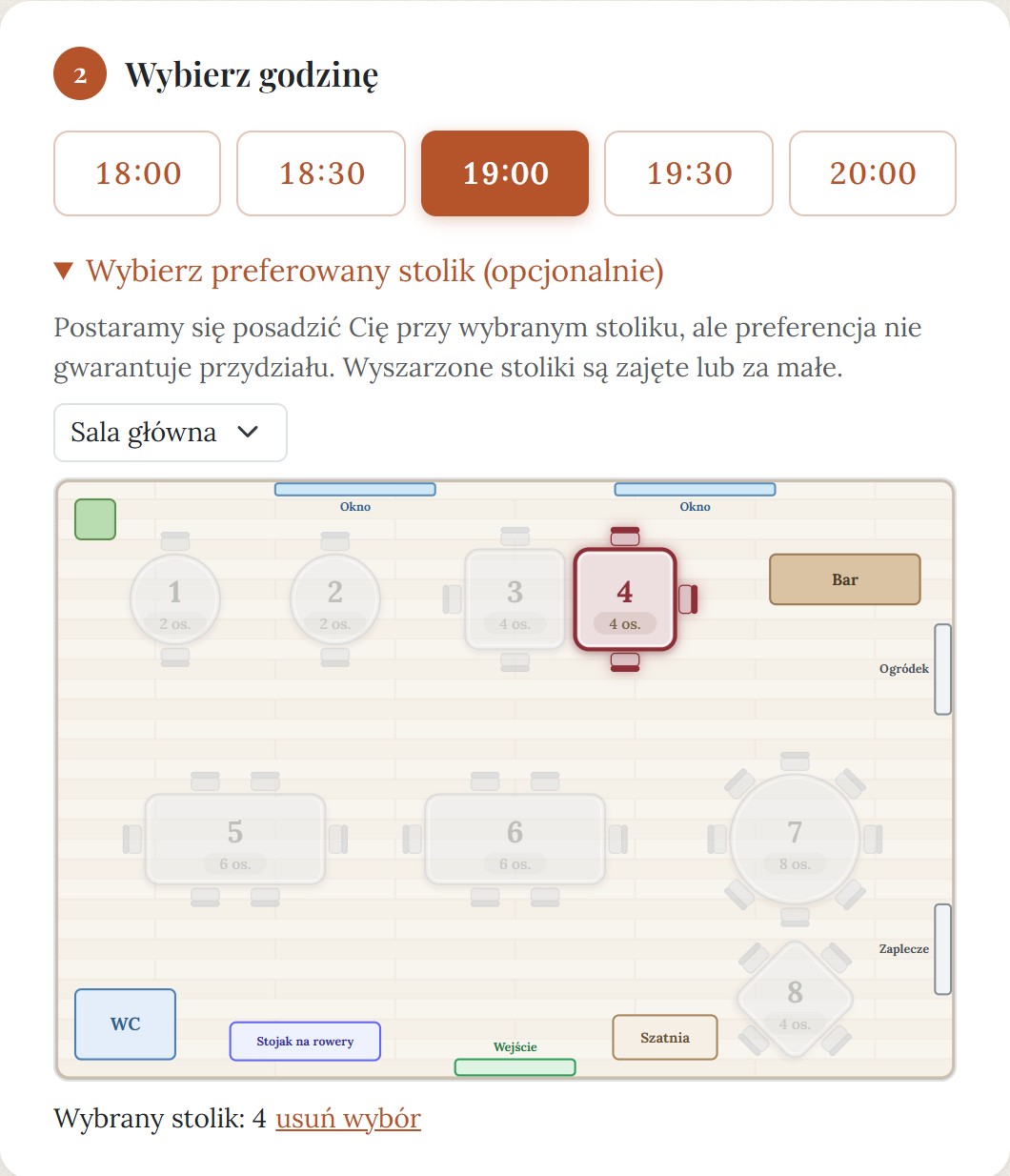 Strona rezerwacji: wybrana godzina i plan sali z wolnymi i zajętymi stolikami